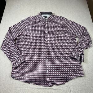 Rank 45 Men's 2XL Red Blue Art Deco Print Long Sleeve Button Front Shirt Casual